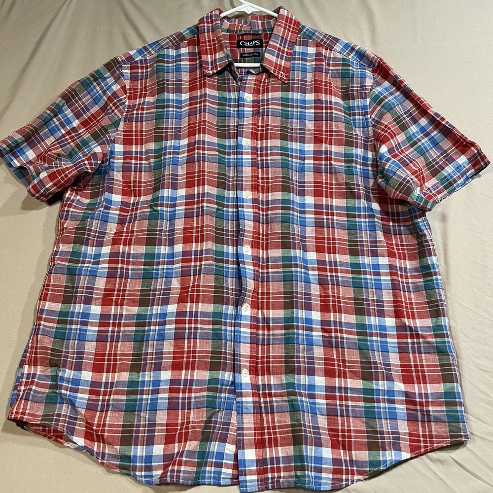 Chaps by Ralph Lauren Men's Short-Sleeve Madras Plaid Shirt XXL Linen Blend